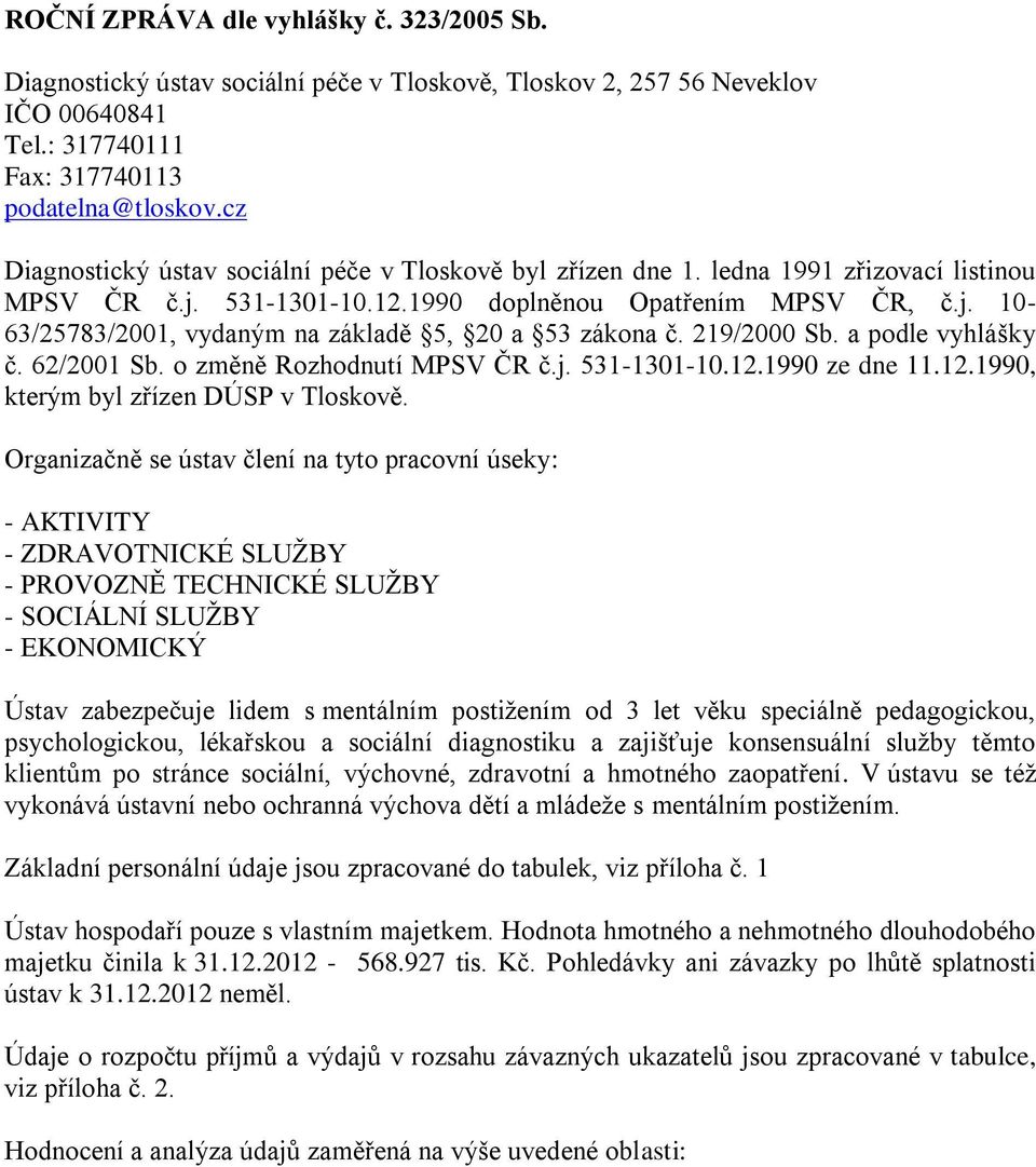 219/2000 Sb. a podle vyhlášky č. 62/2001 Sb. o změně Rozhodnutí MPSV ČR č.j. 531-1301-10.12.1990 ze dne 11.12.1990, kterým byl zřízen DÚSP v Tloskově.