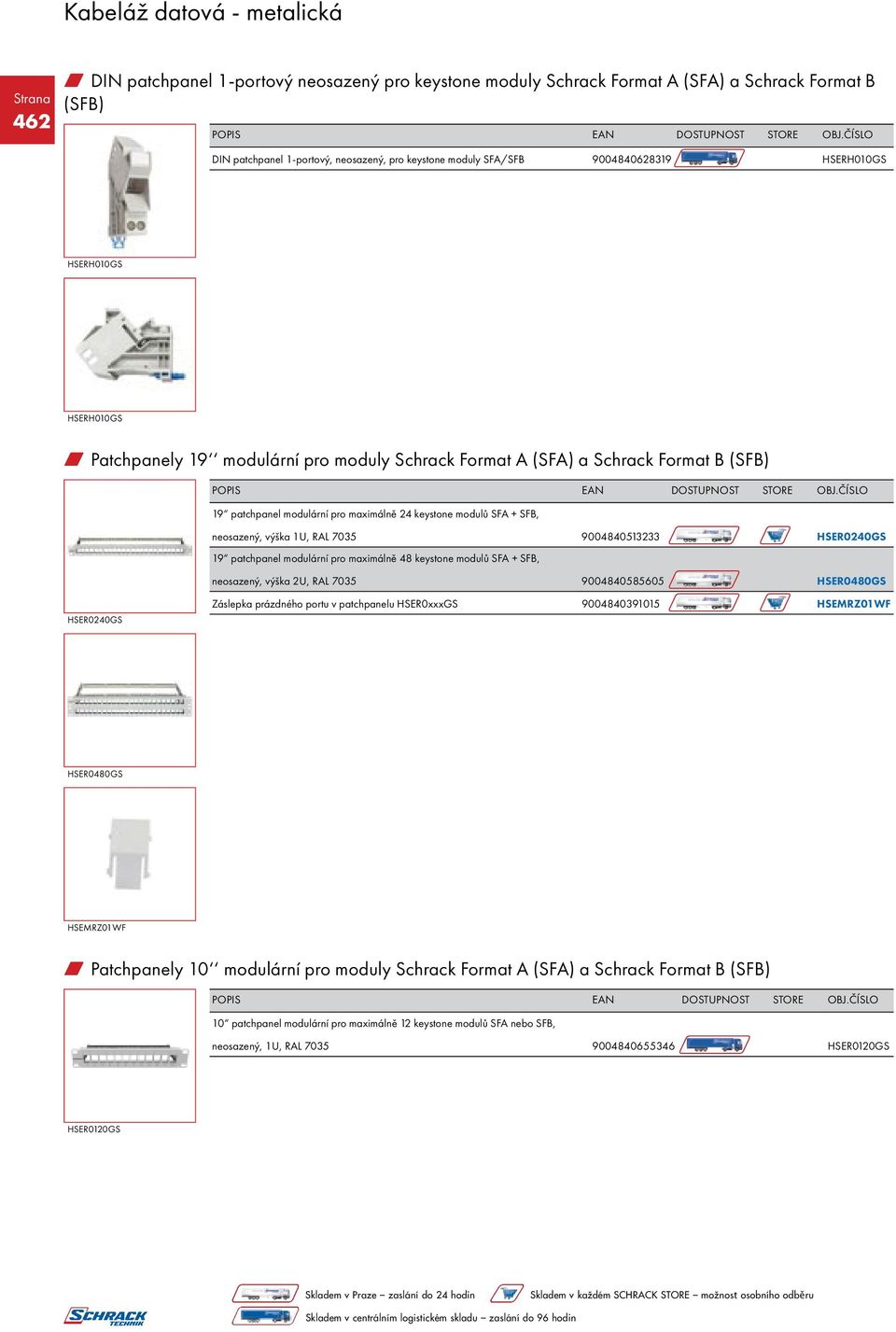 RAL 7035 9004840513233 HSER0240GS 19 patchpanel modulární pro maximálně 48 keystone modulů SFA + SFB, neosazený, výška 2U, RAL 7035 9004840585605 HSER0480GS HSER0240GS Záslepka prázdného portu v