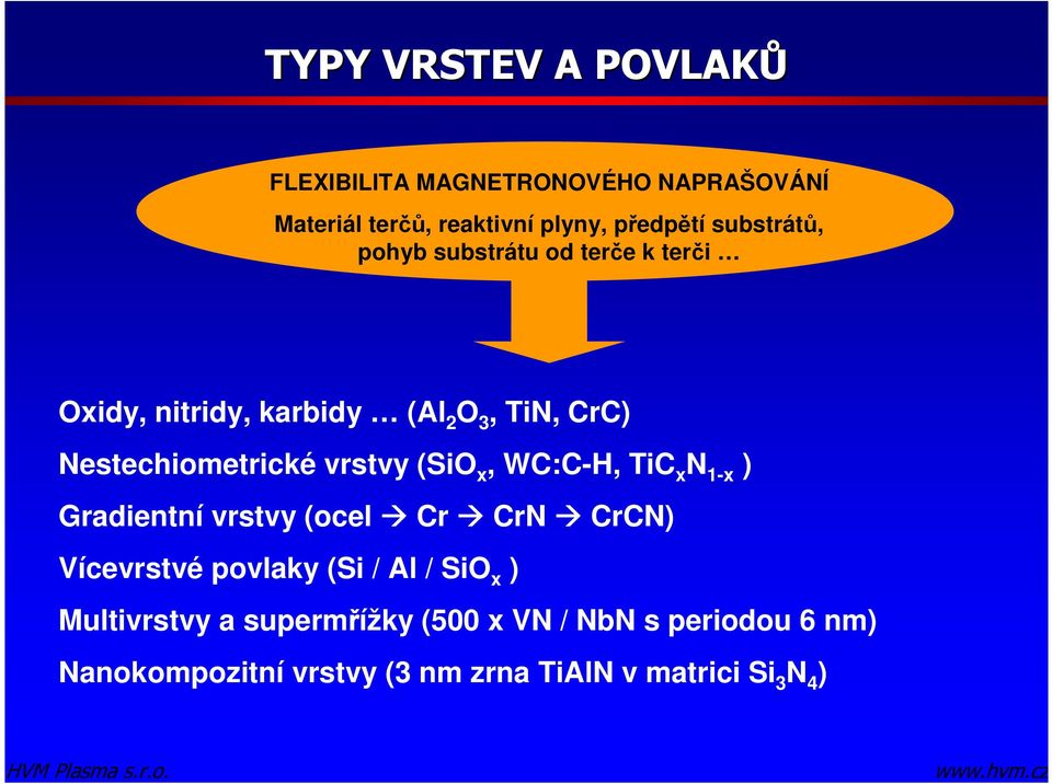 vrstvy (SiO x, WC:C-H, TiC x N 1-x ) Gradientní vrstvy (ocel Cr CrN CrCN) Vícevrstvé povlaky (Si / Al / SiO x