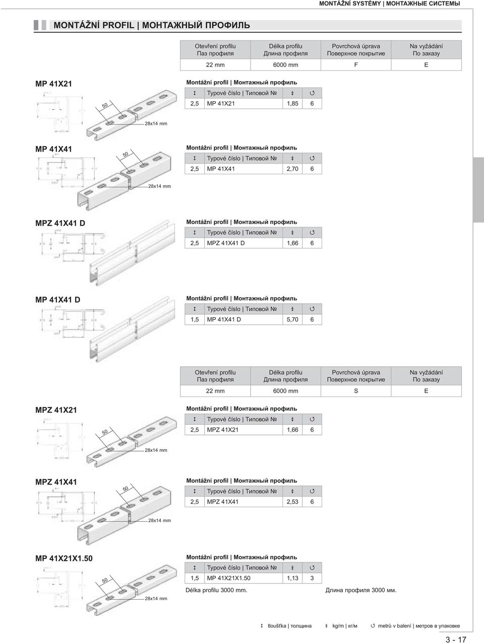41X41 D 5,70 6 Otevření profilu Паз профиля Délka profilu Длина профиля Поверхное покрытие 22 mm 6000 mm S E MPZ 41X21 50 Montážní profil Монтажный профиль 2,5 MPZ 41X21 1,66 6 28x14 mm MPZ 41X41 50