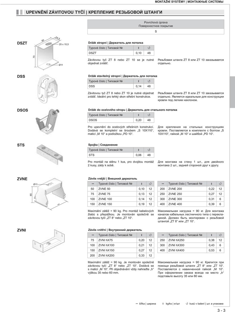 DSS Držák stavitelný stropní Держатель для потолка Typové číslo Типовой DSS 0,14 48 Závitovou tyč ZT 8 nebo ZT 10 je nutné objednat zvlášť. Ideální pro lehký skon střešní konstrukce.