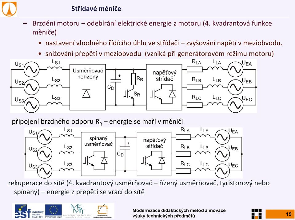 snižování přepětí v meziobvodu (vzniká při generátorovém režimu motoru) připojení brzdného odporu R R energie