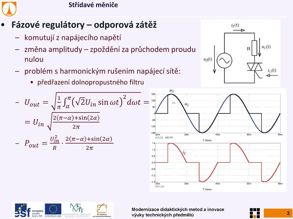 sítě: předřazení dolnopropustného filtru U out = 1 π π α 2U in sin ωt 2 dωt =