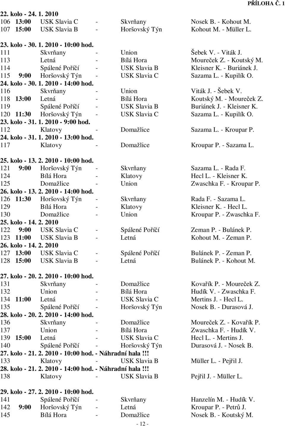116 Skvrany - Union Viták J. - Šebek V. 118 13:00 Letná - Bílá Hora Koutský M. - Moureek Z. 119 Spálené Poíí - USK Slavia B Buriánek J. - Kleisner K. 120 11:30 Horšovský Týn - USK Slavia C Sazama L.