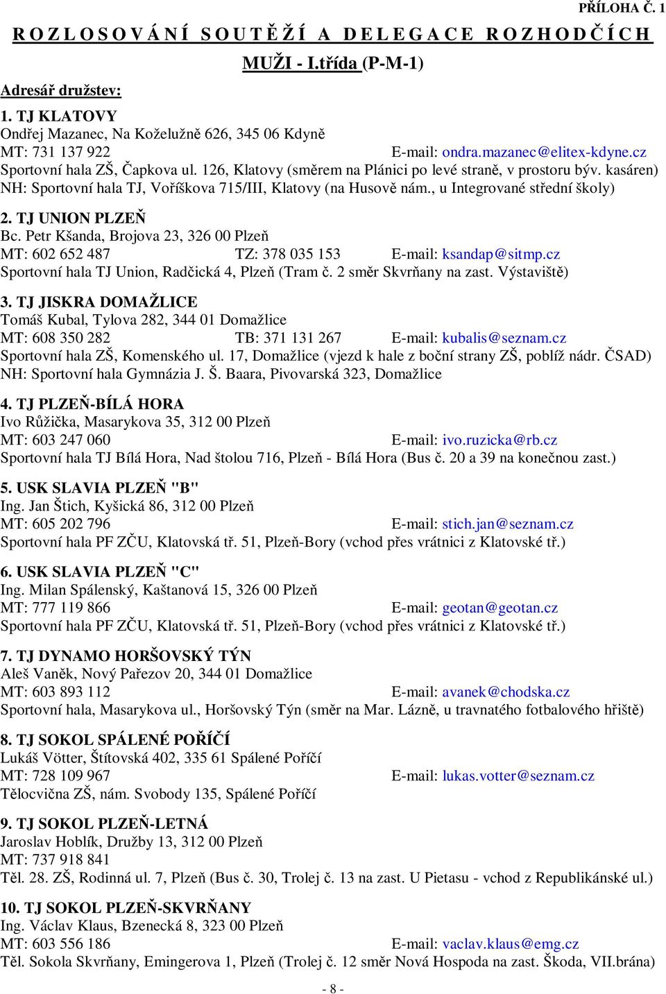 , u Integrované stední školy) 2. TJ UNION PLZE Bc. Petr Kšanda, Brojova 23, 326 00 Plze MT: 602 652 487 TZ: 378 035 153 E-mail: ksandap@sitmp.cz Sportovní hala TJ Union, Radická 4, Plze (Tram.