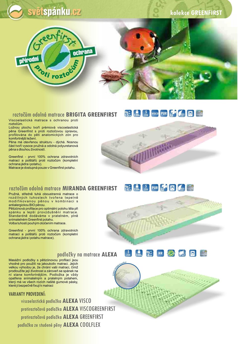 Nosnou část tvoří vysoce pružná a odolná polyuretanová pěna s dlouhou životností. Greenfirst - první 100% ochrana zdravotních matrací a polštářů proti roztočům (kompletní ochrana jádra i potahu).