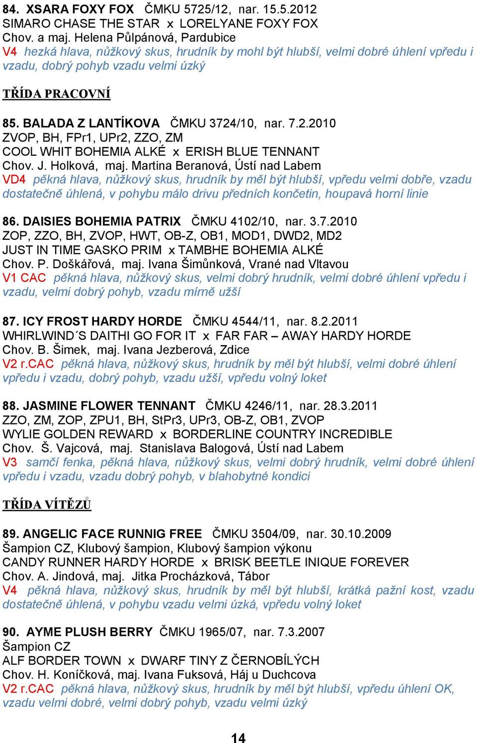 BALADA Z LANTÍKOVA ČMKU 3724/10, nar. 7.2.2010 ZVOP, BH, FPr1, UPr2, ZZO, ZM COOL WHIT BOHEMIA ALKÉ x ERISH BLUE TENNANT Chov. J. Holková, maj.