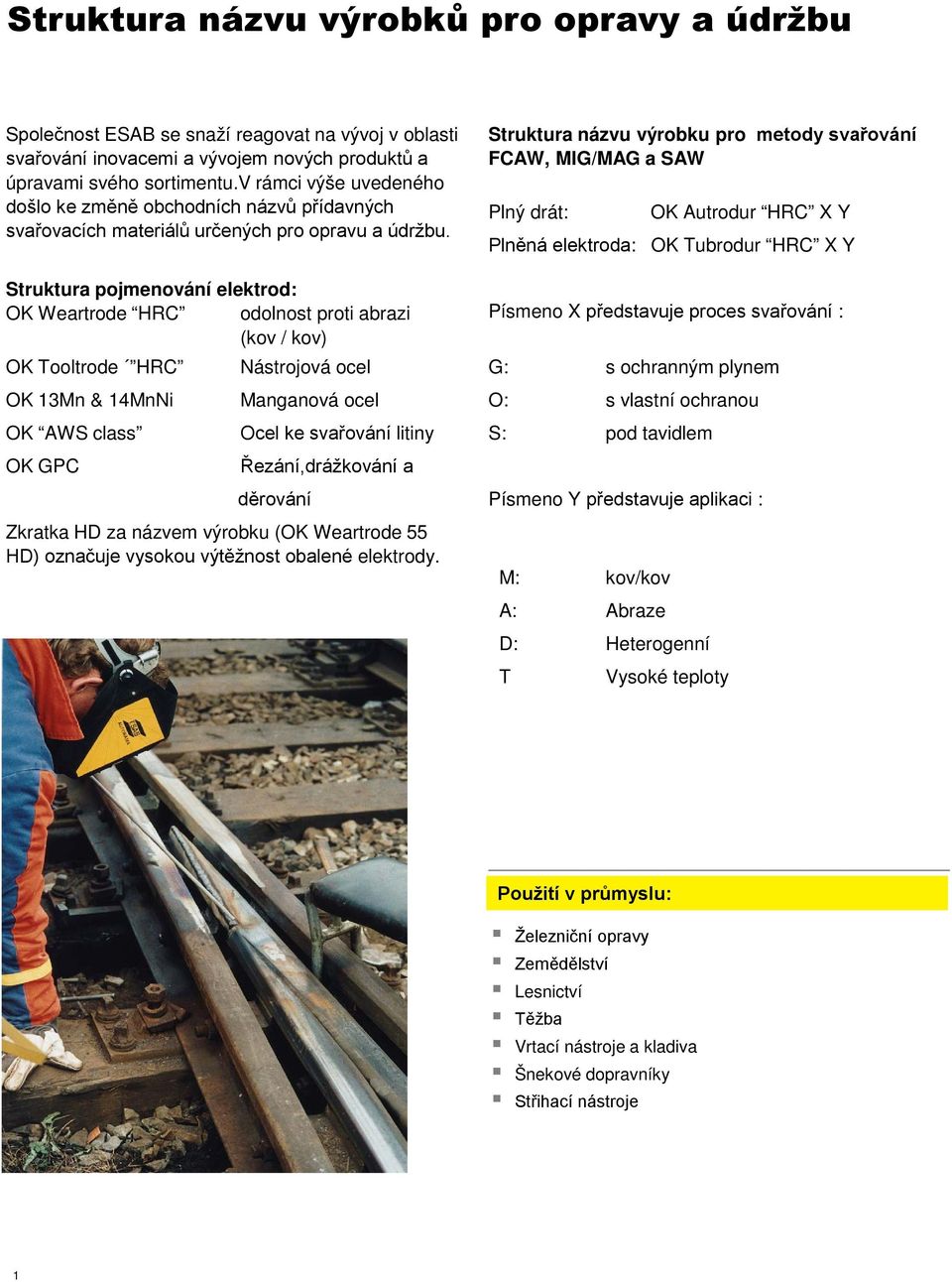 Struktura pojmenování elektrod: OK Weartrode HRC odolnost proti abrazi (kov / kov) OK Tooltrode HRC Nástrojová ocel OK 13Mn & 14MnNi OK AWS class OK GPC Manganová ocel Ocel ke svařování litiny