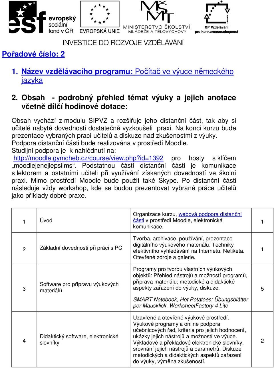 vyzkoušeli praxi. Na konci kurzu bude prezentace vybraných prací učitelů a diskuze nad zkušenostmi z výuky. Podpora distanční části bude realizována v prostředí Moodle.