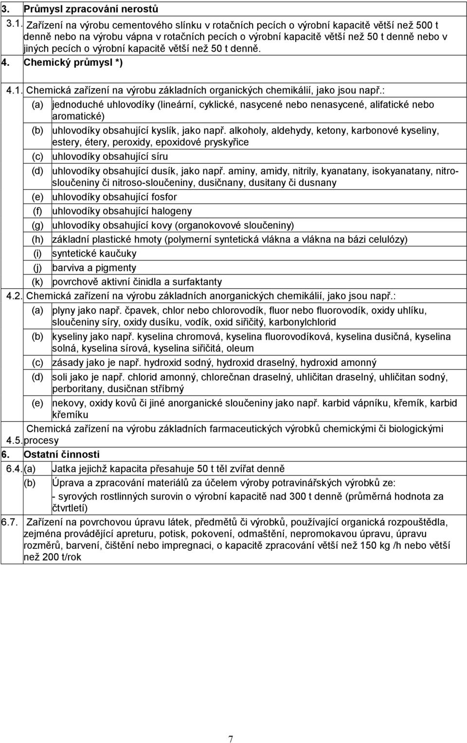 o výrobní kapacitě větší než 50 t denně. 4. Chemický průmysl *) 4.1. Chemická zařízení na výrobu základních organických chemikálií, jako jsou např.