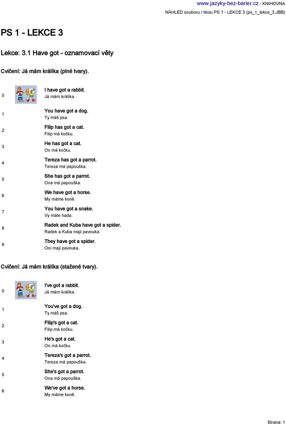 Ona má papouška. We have got a horse. My máme koně. You have got a snake. Vy máte hada. Radek and Kuba have got a spider. Radek a Kuba mají pavouka. They have got a spider. Oni mají pavouka.