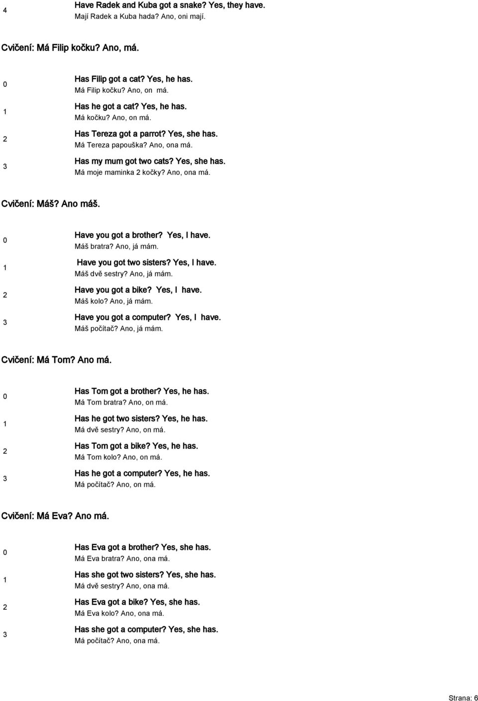 Ano máš. Have you got a brother? Yes, I have. Máš bratra? Ano, já mám. Have you got two sisters? Yes, I have. Máš dvě sestry? Ano, já mám. Have you got a bike? Yes, I have. Máš kolo? Ano, já mám. Have you got a computer?