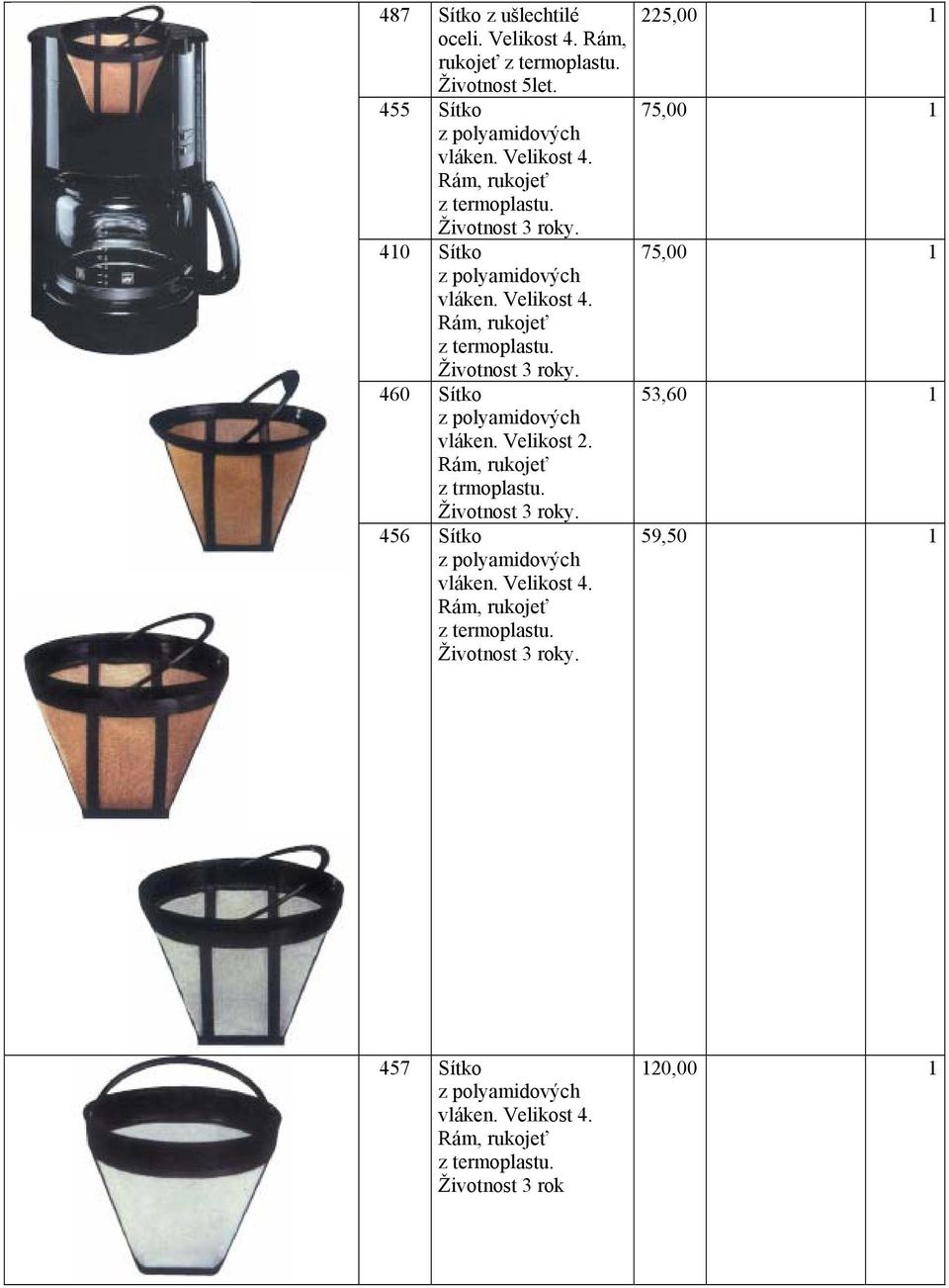 Rám, rukojeť z trmoplastu. Životnost 3 roky. 456 Sítko z polyamidových vláken. Velikost 4. Rám, rukojeť z termoplastu. Životnost 3 roky. 225,00 1 75,00 1 75,00 1 53,60 1 59,50 1 457 Sítko z polyamidových vláken.