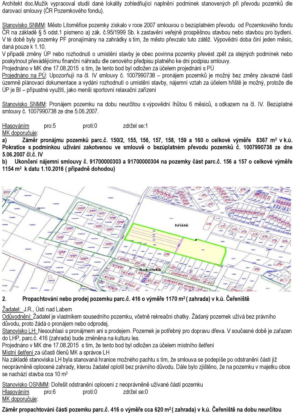 k zastavění veřejně prospěšnou stavbou nebo stavbou pro bydlení. V té době byly pozemky PF pronajímány na zahrádky s tím, že město převzalo tuto zátěž. Výpovědní doba činí jeden měsíc, daná pouze k 1.