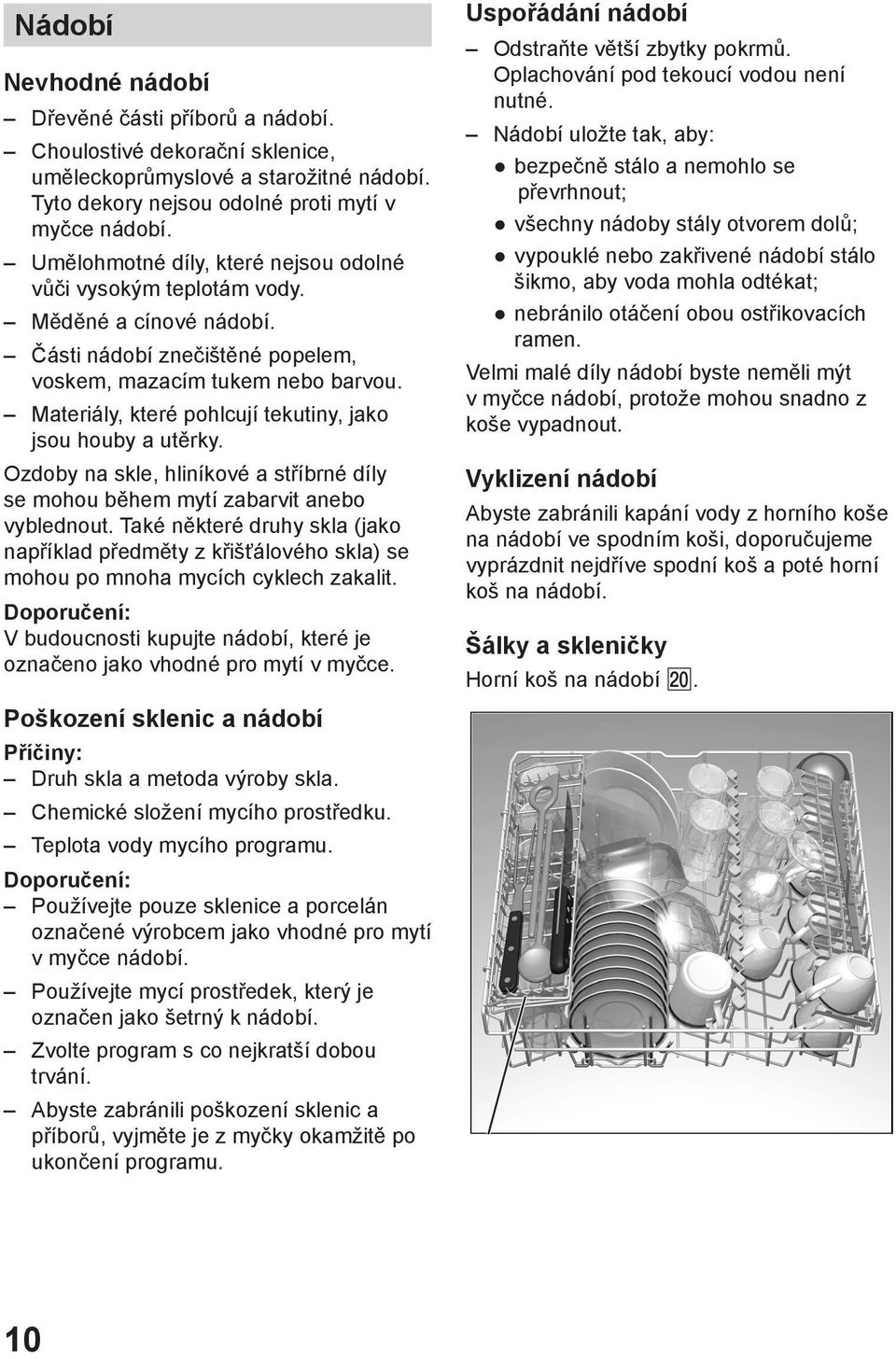 Materiály, které pohlcují tekutiny, jako jsou houby a utěrky. Ozdoby na skle, hliníkové a stříbrné díly se mohou během mytí zabarvit anebo vyblednout.