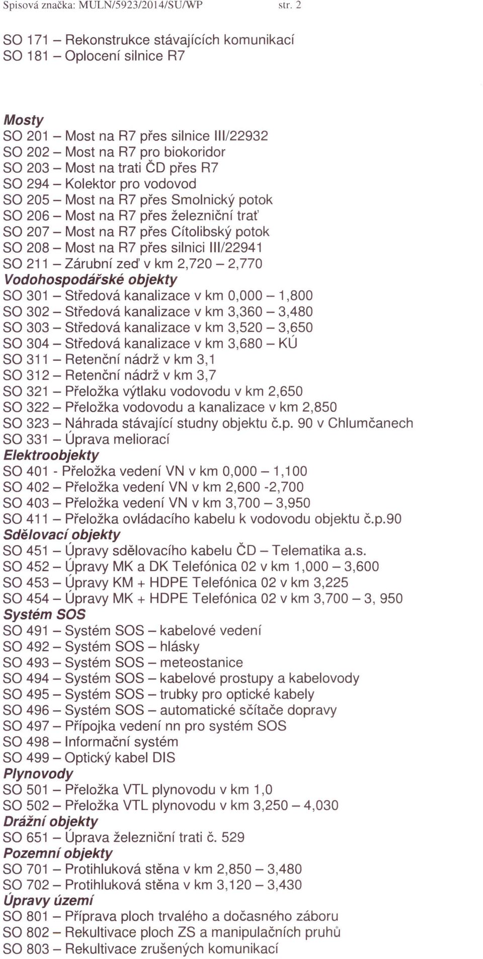 294 - Kolektor pro vodovod SO 205 - Most na R7 přes Smolnický potok SO 206 - Most na R7 přes železniční trať SO 207 - Most na R7 přes Cítolibský potok SO 208 - Most na R7 přes silnici 111/22941 SO