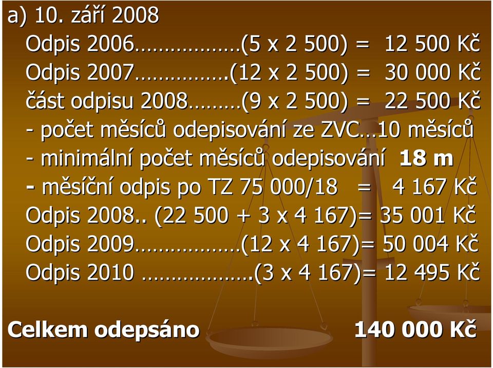 10 měsícům - minimáln lní počet měsícům odepisování 18 m - měsíční odpis po TZ 75 000/18 = 4 167 KčK