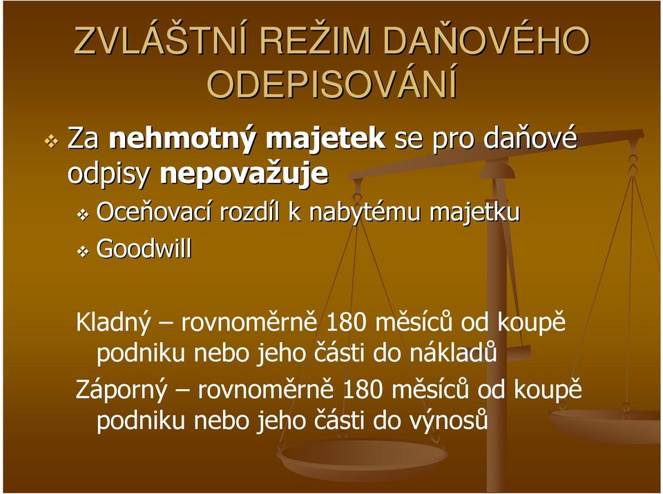 Goodwill Kladný rovnoměrně 180 měsíců od koupě podniku nebo jeho části do