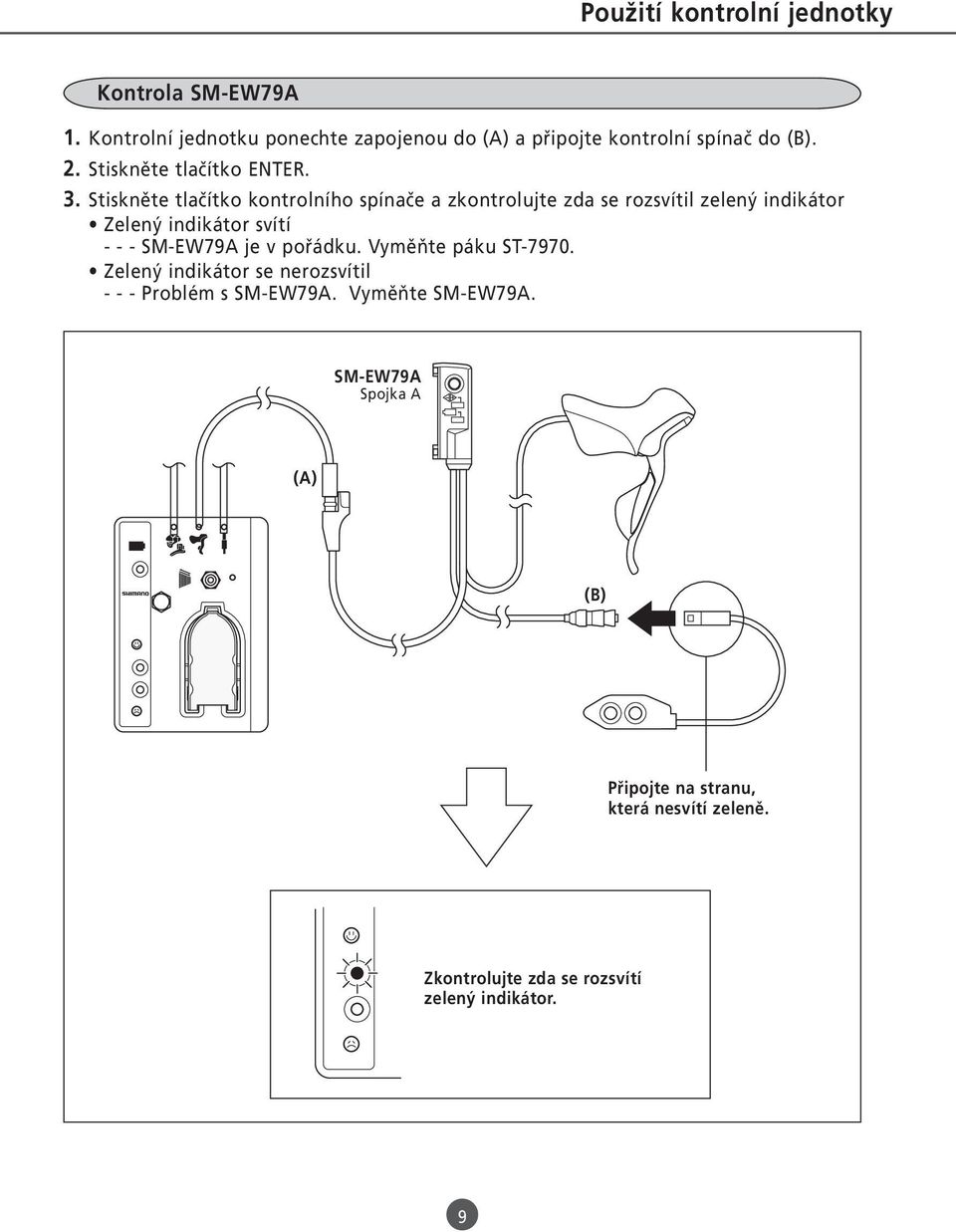 Stiskněte tlačítko kontrolního spínače a zkontrolujte zda se rozsvítil zelený indikátor Zelený indikátor svítí - - - SM-EW79A je