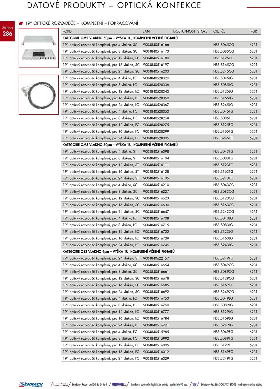 HSELS165CG 19 optický rozvaděč kompletní, pro 24 vláken, SC 9004840516203 HSELS245CG 19 optický rozvaděč kompletní, pro 4 vlákna, LC 9004840528329 HSELS045LG 19 optický rozvaděč kompletní, pro 8