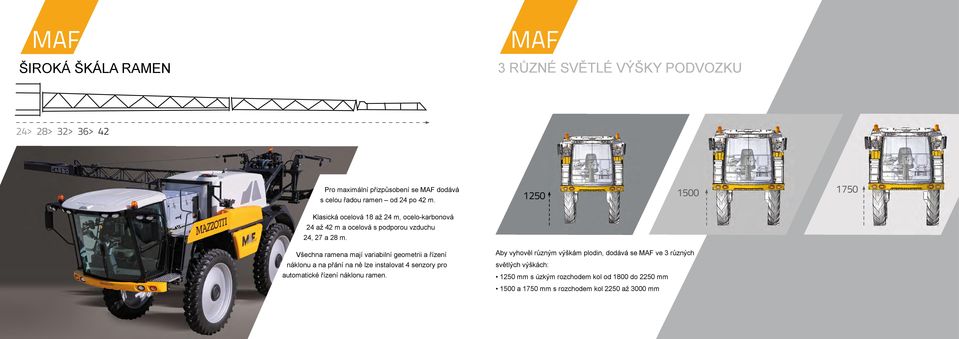 Všechna ramena mají variabilní geometrii a řízení náklonu a na přání na ně lze instalovat 4 senzory pro automatické řízení náklonu ramen.