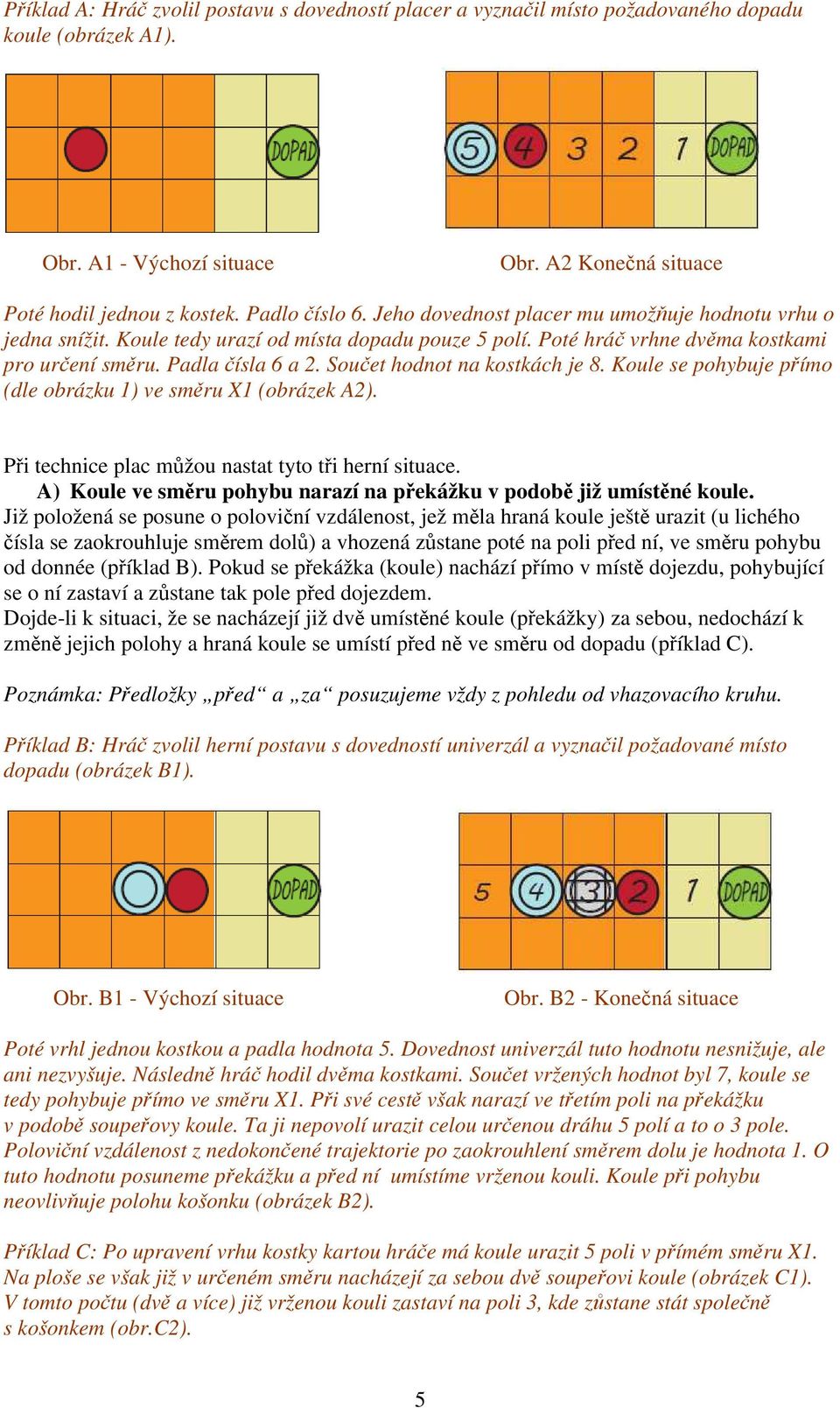 Součet hodnot na kostkách je 8. Koule se pohybuje přímo (dle obrázku 1) ve směru X1 (obrázek A2). Při technice plac můžou nastat tyto tři herní situace.