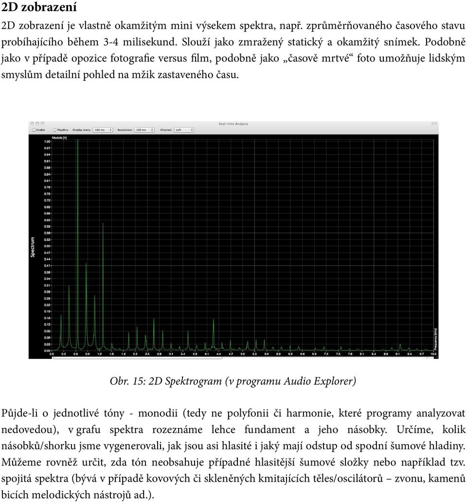 15: 2D Spektrogram (v programu Audio Explorer) Půjde-li o jednotlivé tóny - monodii (tedy ne polyfonii či harmonie, které programy analyzovat nedovedou), v grafu spektra rozeznáme lehce fundament a