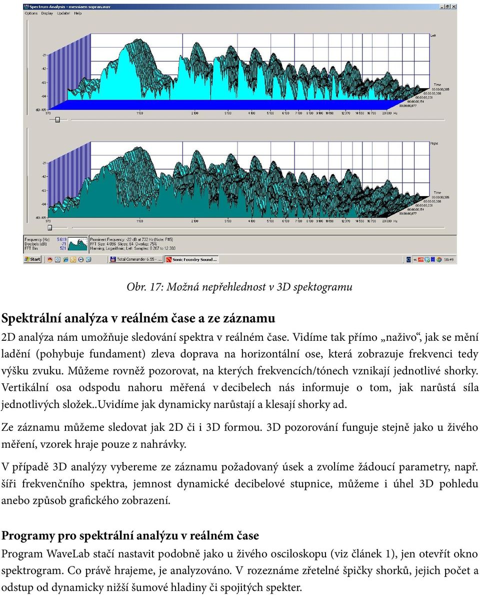 Můžeme rovněž pozorovat, na kterých frekvencích/tónech vznikají jednotlivé shorky. Vertikální osa odspodu nahoru měřená v decibelech nás informuje o tom, jak narůstá síla jednotlivých složek.