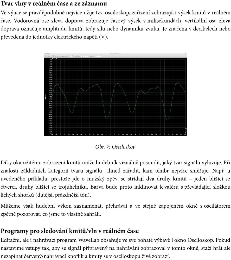 Je značena v decibelech nebo převedena do jednotky elektrického napětí (V). Obr. 7: Osciloskop Díky okamžitému zobrazení kmitů může hudebník vizuálně posoudit, jaký tvar signálu vyluzuje.
