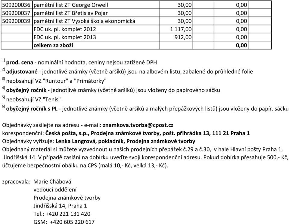 cena nominální hodnota, ceniny nejsou zatížené DPH 2) adjustované jednotlivé známky (včetně aršíků) jsou na albovém listu, zabalené do průhledné folie 3) neobsahují VZ "Runtour" a "Primátorky" 4)