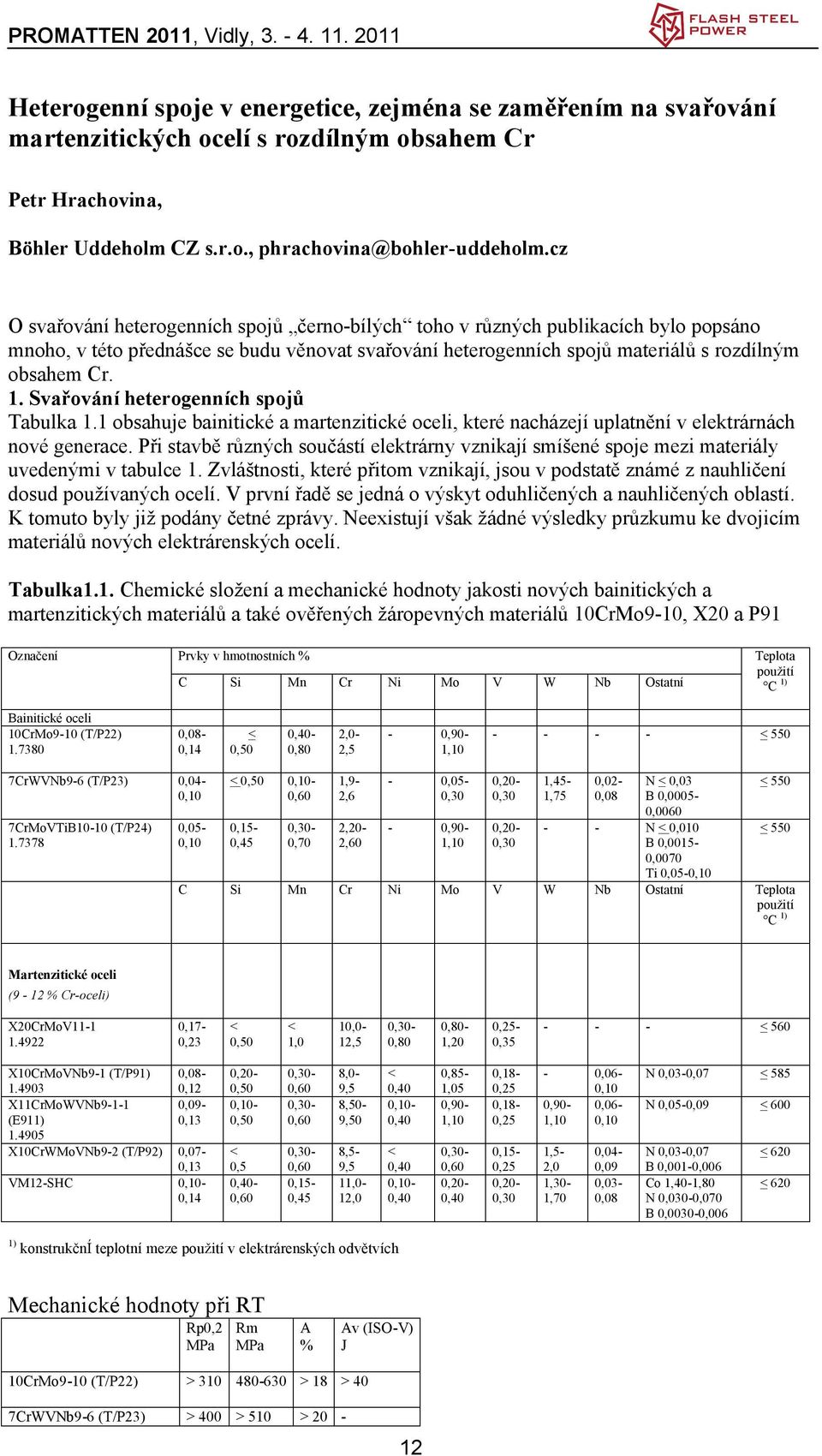 Svařování heterogenních spojů Tabulka 1.1 obsahuje bainitické a martenzitické oceli, které nacházejí uplatnění v elektrárnách nové generace.