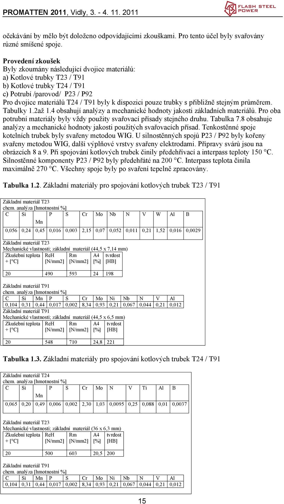 pouze trubky s přibližně stejným průměrem. Tabulky 1.2až 1.4 obsahují analýzy a mechanické hodnoty jakosti základních materiálů.