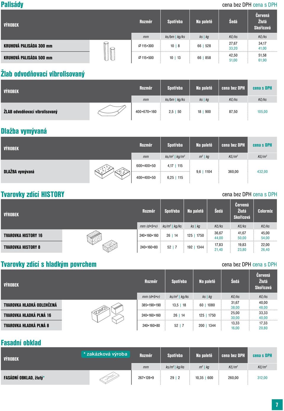 m 2 kg Kč/m 2 Kč/m 2 DLAŽBA vymývaná 600 400 50 4,17 115 400 400 50 6,25 115 9,6 1104 360,00 432,00 Tvarovky zdící HISTORY Colormix TVAROVKA HISTORY 16 240 160 160 26 14 125 1750 TVAROVKA HISTORY 8