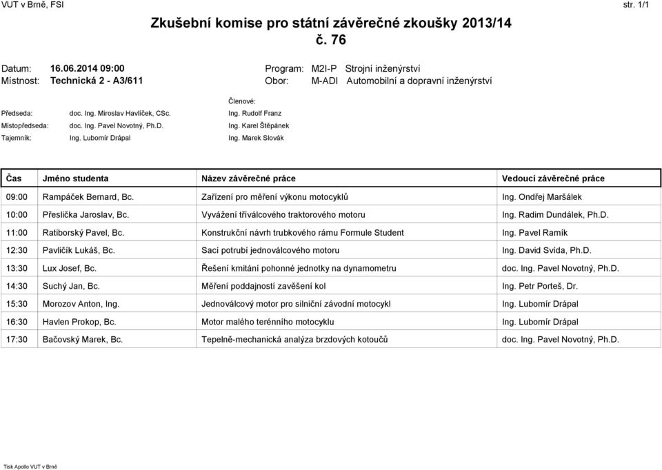 Konstrukční návrh trubkového rámu Formule Student 12:30 Pavličík Lukáš, Bc. Sací potrubí jednoválcového motoru 13:30 Lux Josef, Bc.