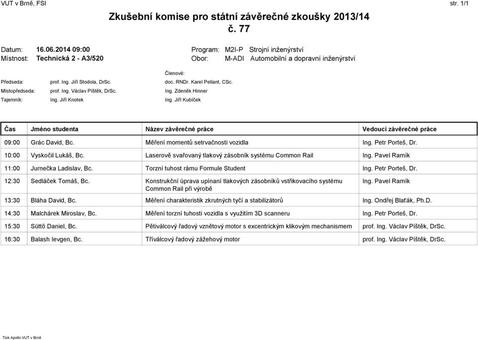 Torzní tuhost rámu Formule Student 12:30 Sedláček Tomáš, Bc. Konstrukční úprava upínaní tlakových zásobníků vstřikovacího systému Common Rail při výrobě 13:30 Bláha David, Bc.