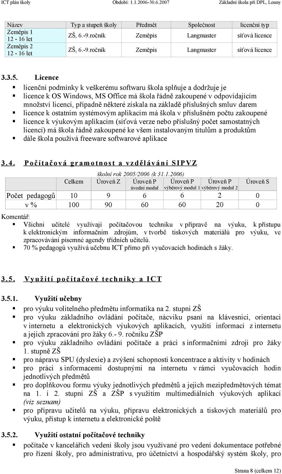 základě příslušných smluv darem licence k ostatním systémovým aplikacím má škola v příslušném počtu zakoupené licence k výukovým aplikacím (síťová verze nebo příslušný počet samostatných licencí) má