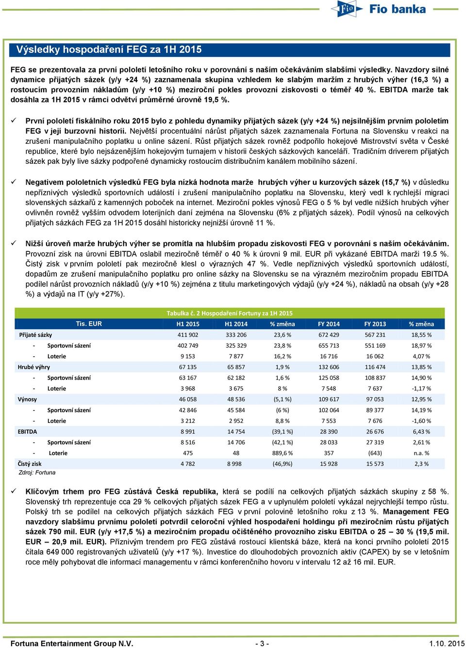 ziskovosti o téměř 40 %. EBITDA marže tak dosáhla za 1H 2015 v rámci odvětví průměrné úrovně 19,5 %.