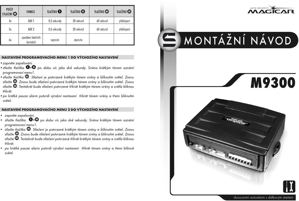 Siréna krátkým tónem oznámí programovací menu1. stlaète tlaèítko III. Stlaèení je potvrzené krátkým tónem sirény a bliknutím svìtel. Znovu stlaète III.