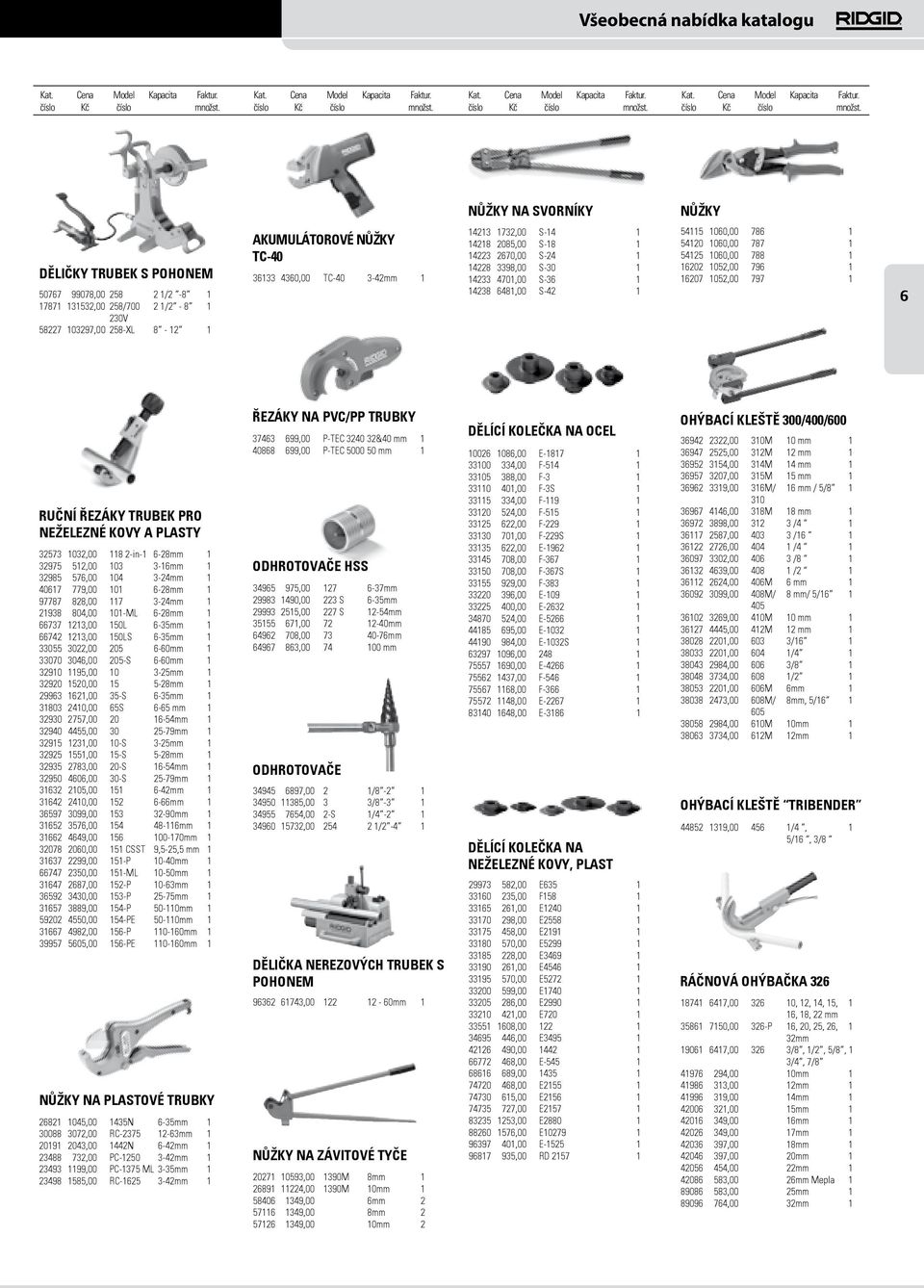 1052,00 796 1 16207 1052,00 797 1 6 RUČNÍ ŘEZÁKY TRUBEK PRO NEŽELEZNÉ KOVY A PLASTY 32573 1032,00 118 2-in-1 6-28mm 1 32975 512,00 103 3-16mm 1 32985 576,00 104 3-24mm 1 40617 779,00 101 6-28mm 1
