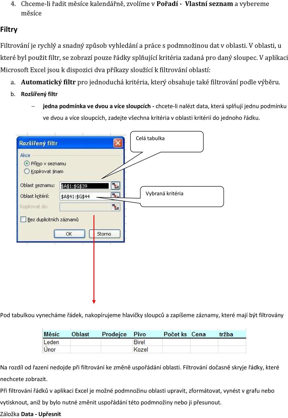 Automatický filtr pro jednoduchá kritéria, který obsahuje také filtrování podle výběru. b.