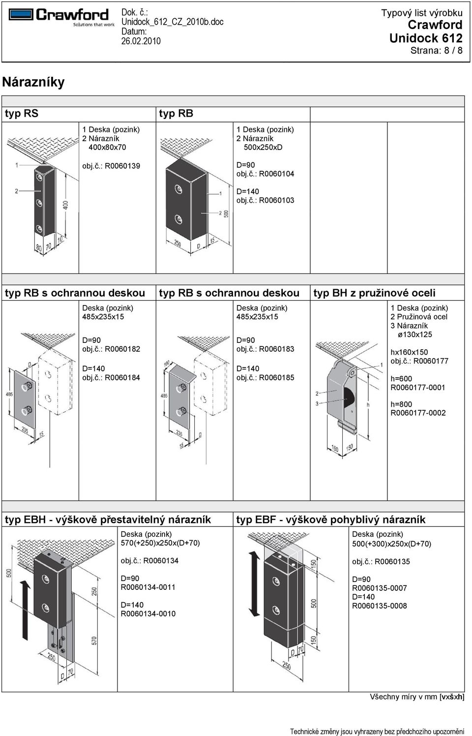 č.: R0060182 obj.č.: R0060184 Deska (pozink) 485x235x15 obj.č.: R0060183 obj.č.: R0060185 1 Deska (pozink) 2 Pružinová ocel 3 Nárazník ø130x125 hx160x150 obj.č.: R0060177 h=600 R00601770001 h=800 R00601770002 typ EBH výškově přestavitelný nárazník Deska (pozink) 570(+250)x250x(D+70) obj.