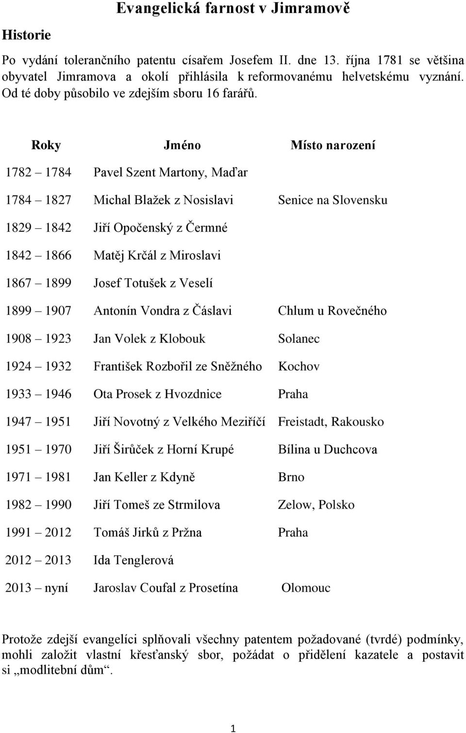 Roky Jméno Místo narození 1782 1784 Pavel Szent Martony, Maďar 1784 1827 Michal Blažek z Nosislavi Senice na Slovensku 1829 1842 Jiří Opočenský z Čermné 1842 1866 Matěj Krčál z Miroslavi 1867 1899
