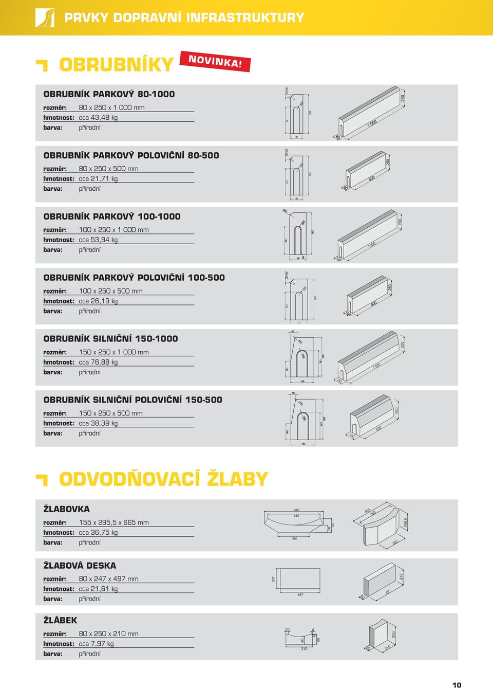 250 x 1 000 mm hmotnost: cca 53,94 kg 1 000 100 OBRUBNÍK PARKOVÝ POLOVIČNÍ 100-500 rozměr: 100 x 250 x 500 mm hmotnost: cca 26,19 kg OBRUBNÍK SILNIČNÍ 150-1000 rozměr: 150 x 250 x 1 000 mm hmotnost: