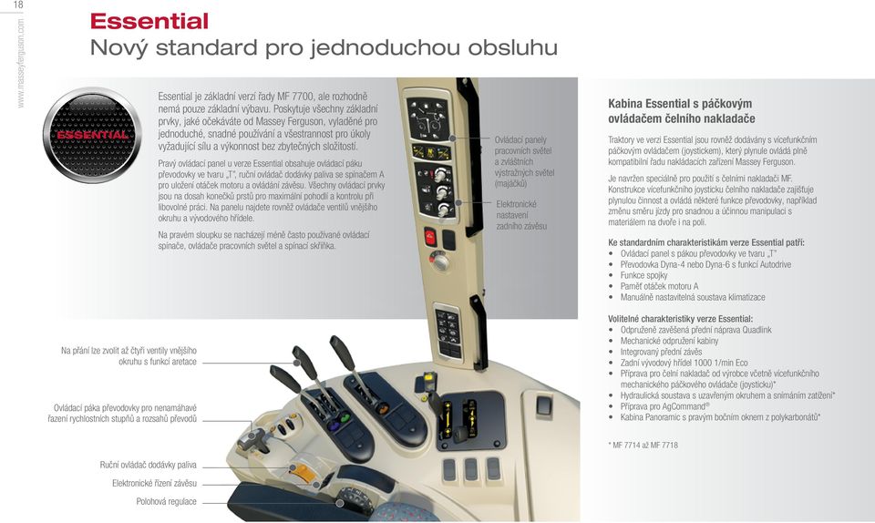 Pravý ovládací panel u verze Essential obsahuje ovládací páku převodovky ve tvaru T, ruční ovládač dodávky paliva se spínačem A pro uložení otáček motoru a ovládání závěsu.