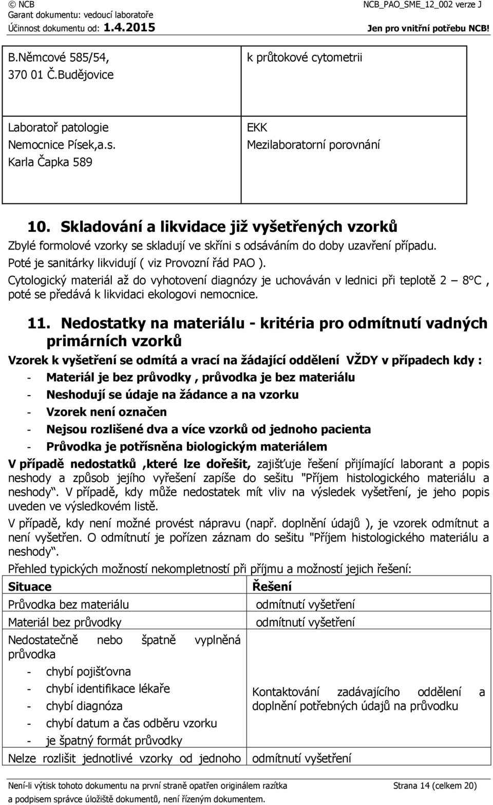 Cytologický materiál až do vyhotovení diagnózy je uchováván v lednici při teplotě 2 8 C, poté se předává k likvidaci ekologovi nemocnice. 11.