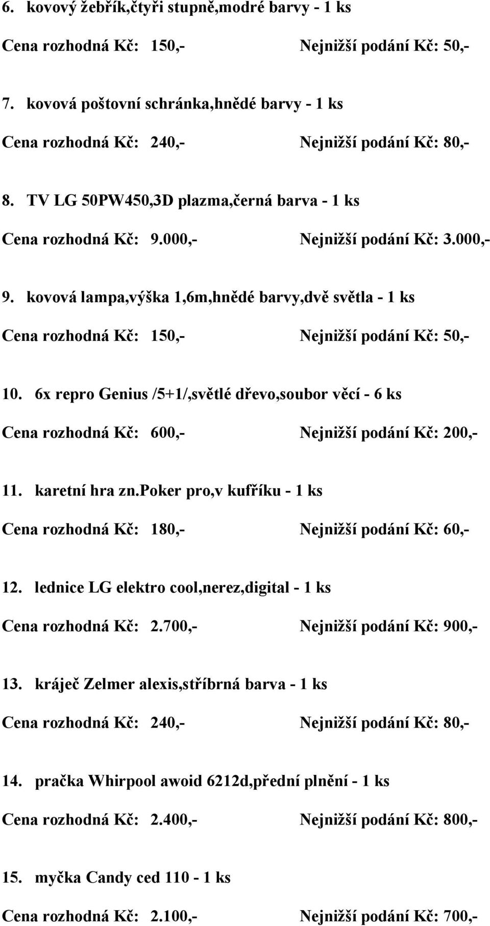 poker pro,v kufříku - 1 ks 12. lednice LG elektro cool,nerez,digital - 1 ks Cena rozhodná Kč: 2.700,- Nejnižší podání Kč: 900,- 13.