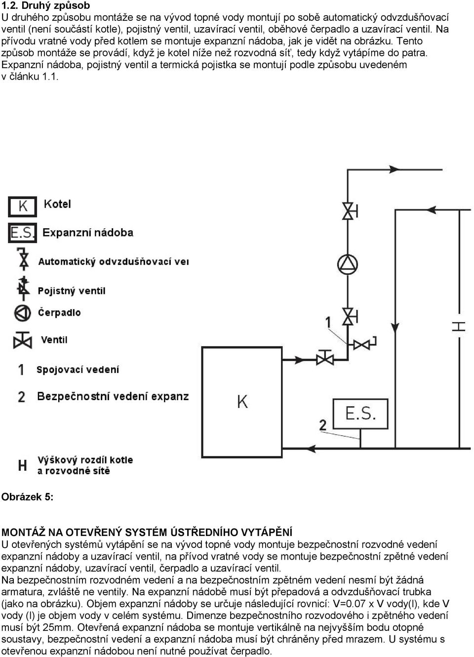 Tento způsob montáže se provádí, když je kotel níže než rozvodná síť, tedy když vytápíme do patra. Expanzní nádoba, pojistný ventil a termická pojistka se montují podle způsobu uvedeném v článku 1.