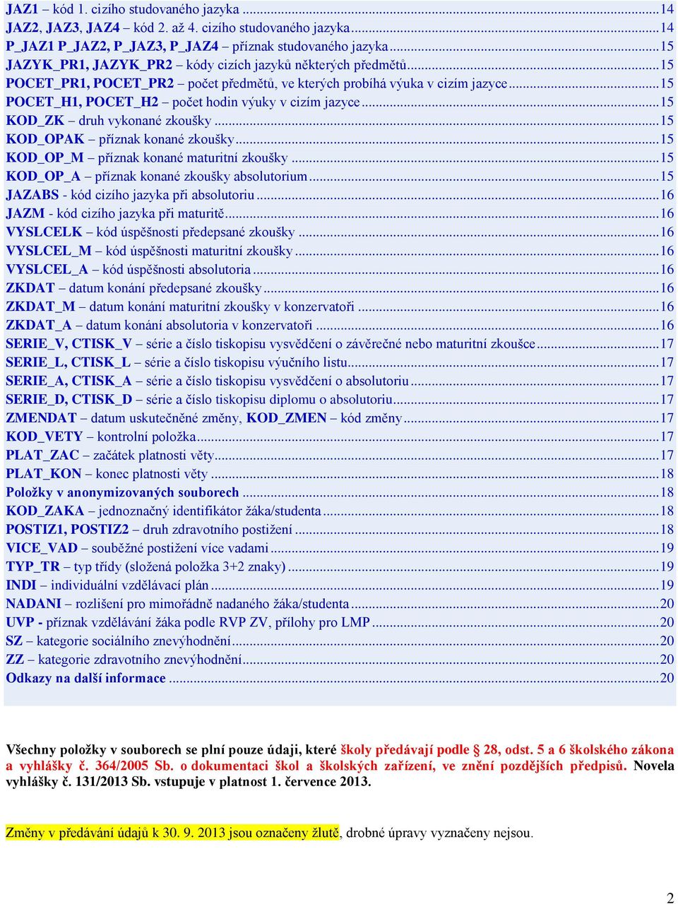 .. 15 POCET_H1, POCET_H2 počet hodin výuky v cizím jazyce... 15 KOD_ZK druh vykonané zkoušky... 15 KOD_OPAK příznak konané zkoušky... 15 KOD_OP_M příznak konané maturitní zkoušky.