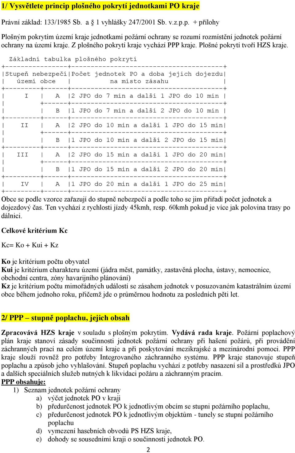 Základní tabulka plošného pokrytí +----------------+---------------------------------------+ Stupeň nebezpečí Počet jednotek PO a doba jejich dojezdu území obce na místo zásahu