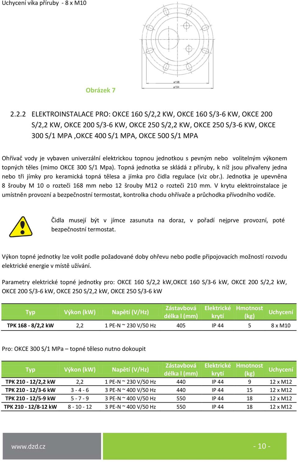 vody je vybaven univerzální elektrickou topnou jednotkou s pevným nebo volitelným výkonem topných těles (mimo OKCE 300 S/1 Mpa).